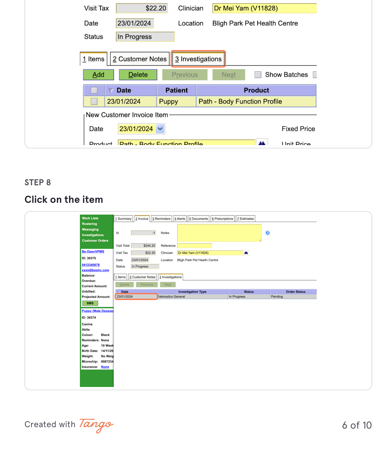 3 Investigations tab selected, showing the investigation row to click