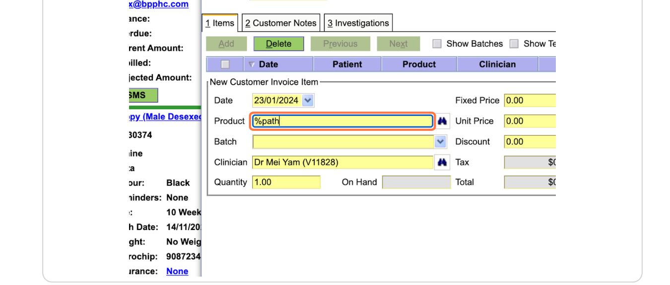 OpenVPMS invoice tab showing %path typed in the Product field