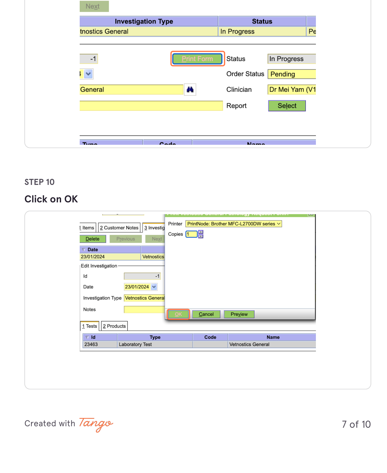 Print Form button and printer selection dialog